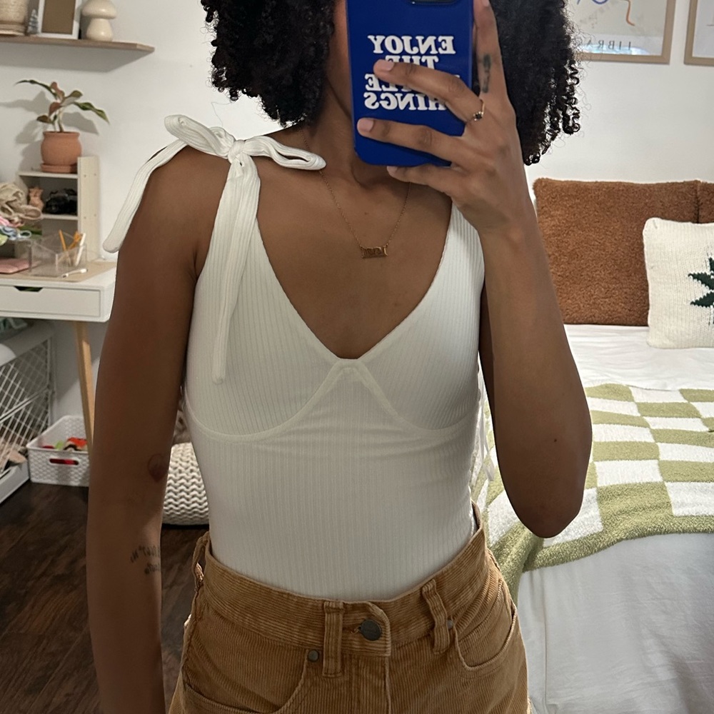 tie ribbed white bodysuit